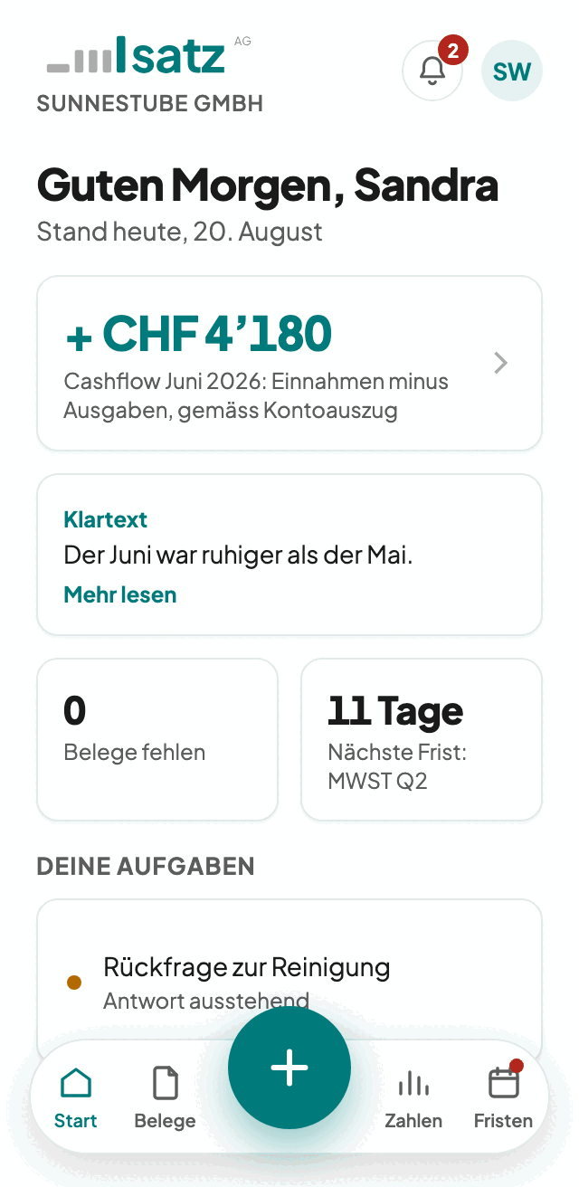 Ablauf im Portal: das grosse Plus antippen, &laquo;Fotografieren&raquo; w&auml;hlen, den Beleg abfotografieren &mdash; danach best&auml;tigt die App &laquo;Beleg hochgeladen, wir &uuml;bernehmen ab hier&raquo;.